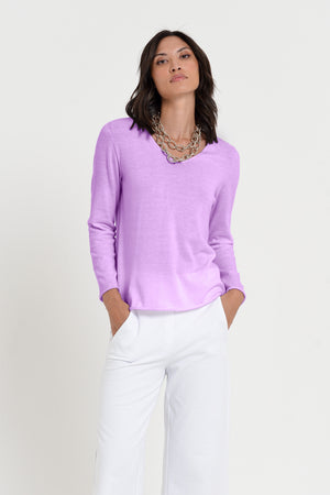 Serena V-Neck - Women's Cotton Knit Sweater - Morado