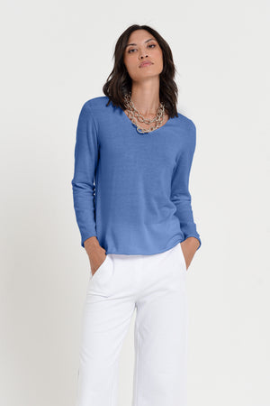 Serena V-Neck - Women's Cotton Knit Sweater - Pacific