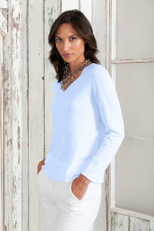 Serena V-Neck - Women's Cotton Knit Sweater - Cielo