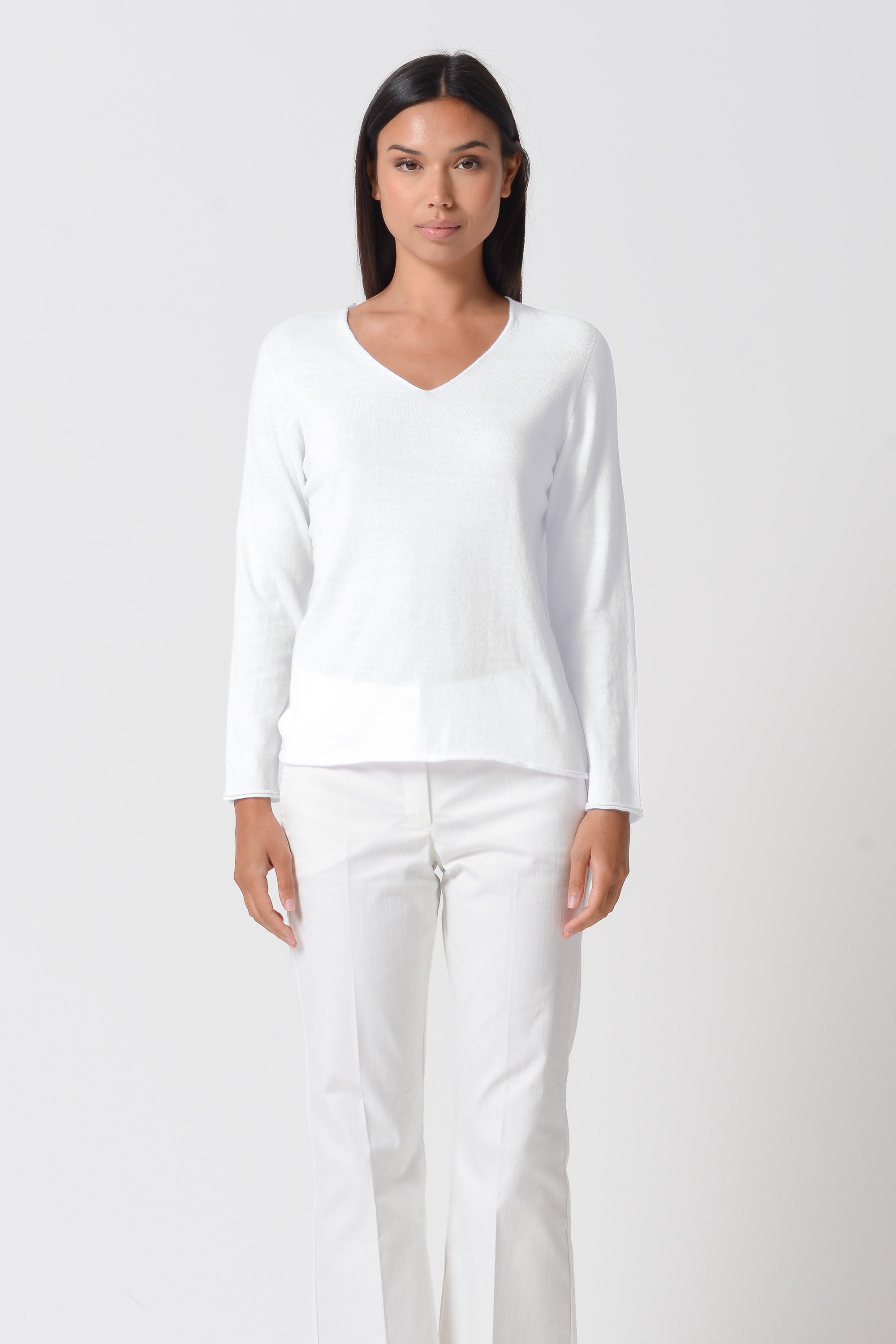 Serena V-Neck Cotton Knit Sweater - White
