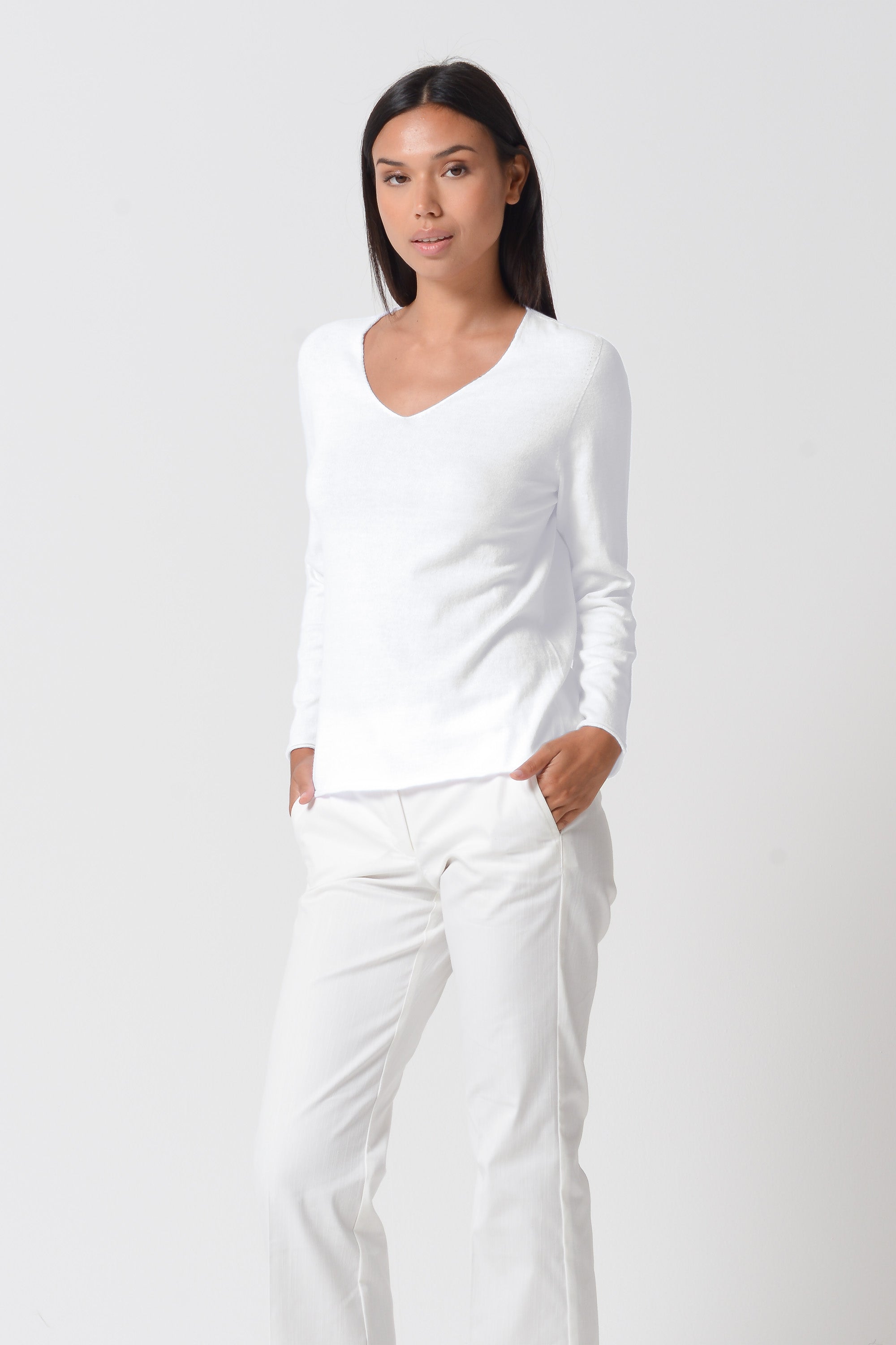 Serena V-Neck Cotton Knit Sweater - White