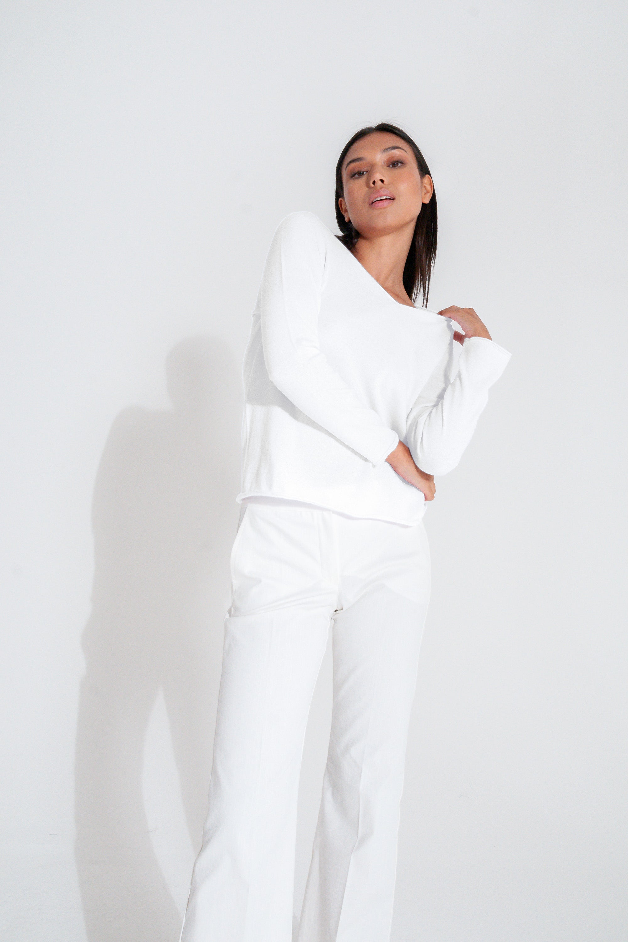 Serena V-Neck Cotton Knit Sweater - White