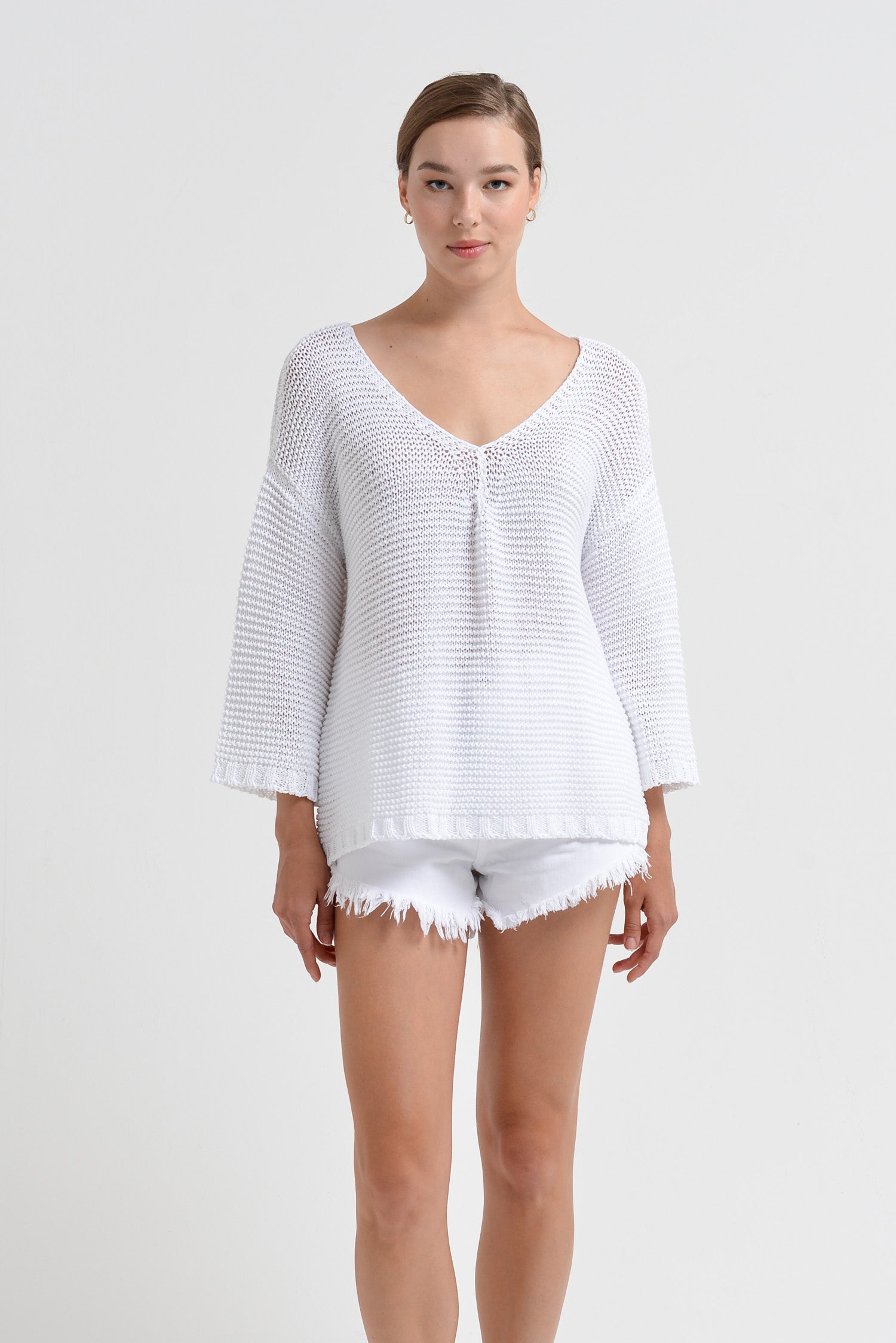 Kara V-Neck - Women's Wide V-Neck Knit Sweater - White