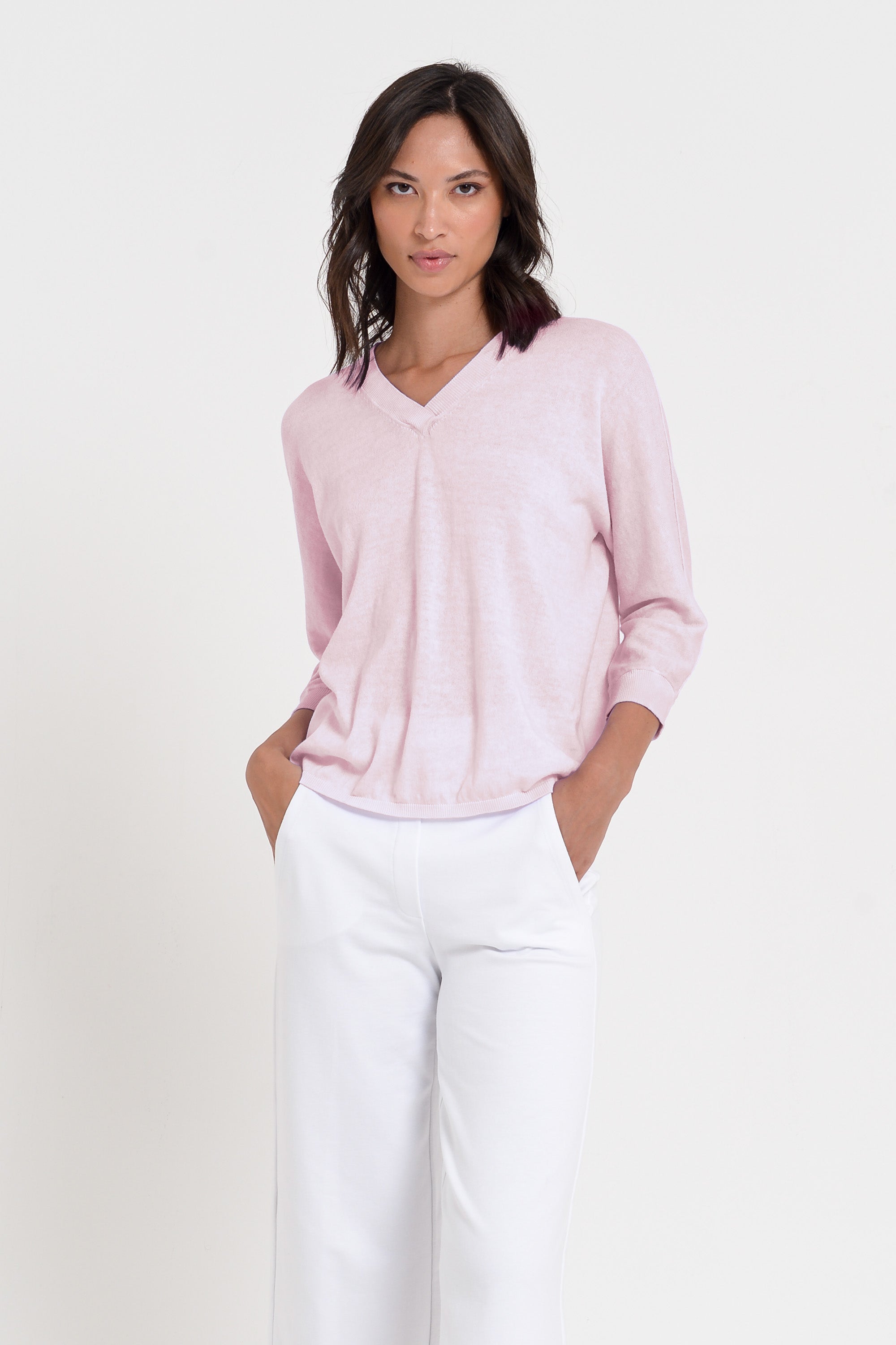 Anna V-Neck - Women's Short Sleeve Knit Sweater - Rose