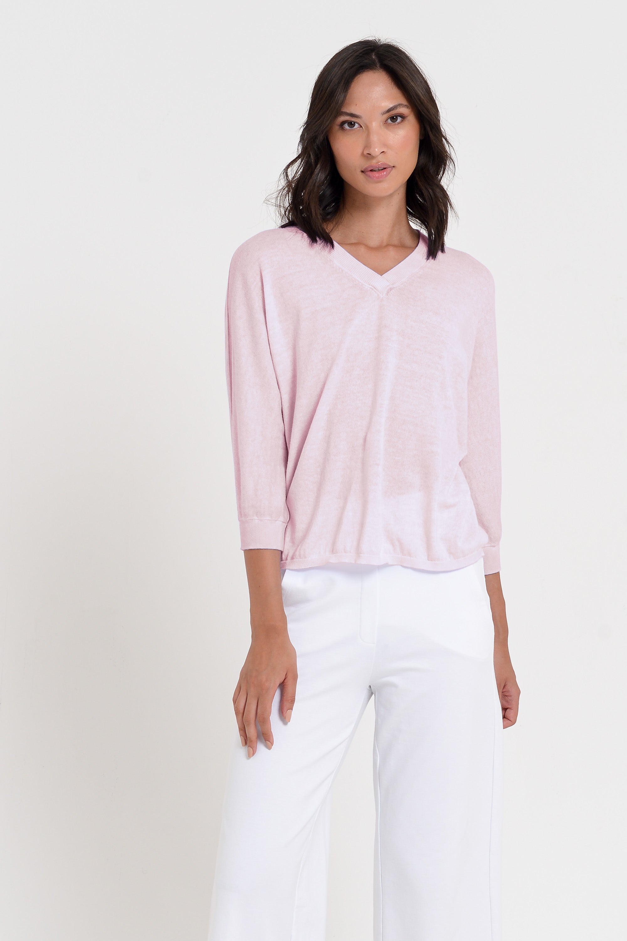 Anna V-Neck - Women's Short Sleeve Knit Sweater - Rose