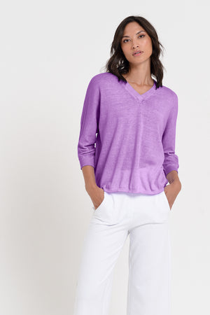 Anna V-Neck - Women's Short Sleeve Knit Sweater - Morado