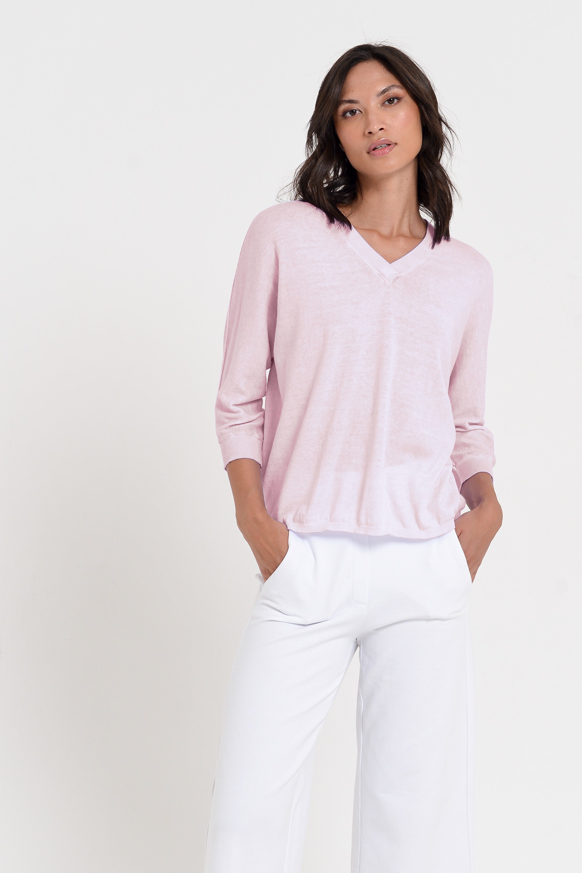 Anna V-Neck - Women's Short Sleeve Knit Sweater - Rose