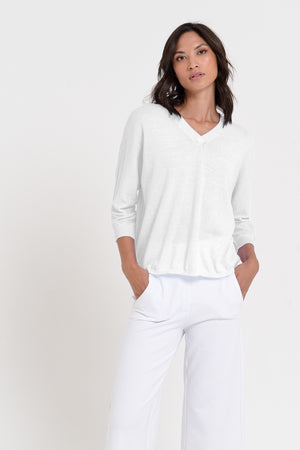 Anna V-Neck - Women's Short Sleeve Knit Sweater - White