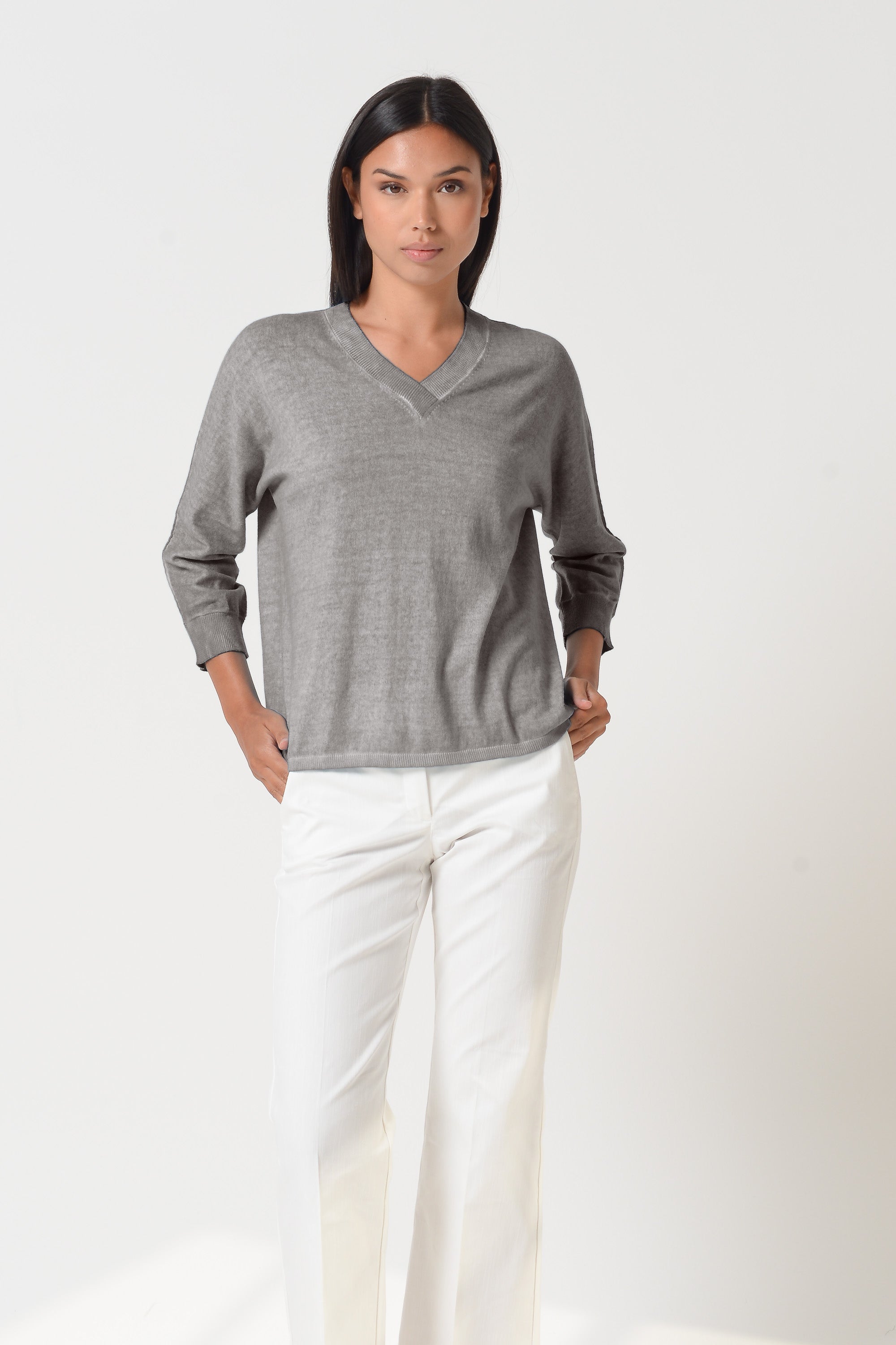 Anna V-Neck - Women's Short Sleeve Knit Sweater - Steel