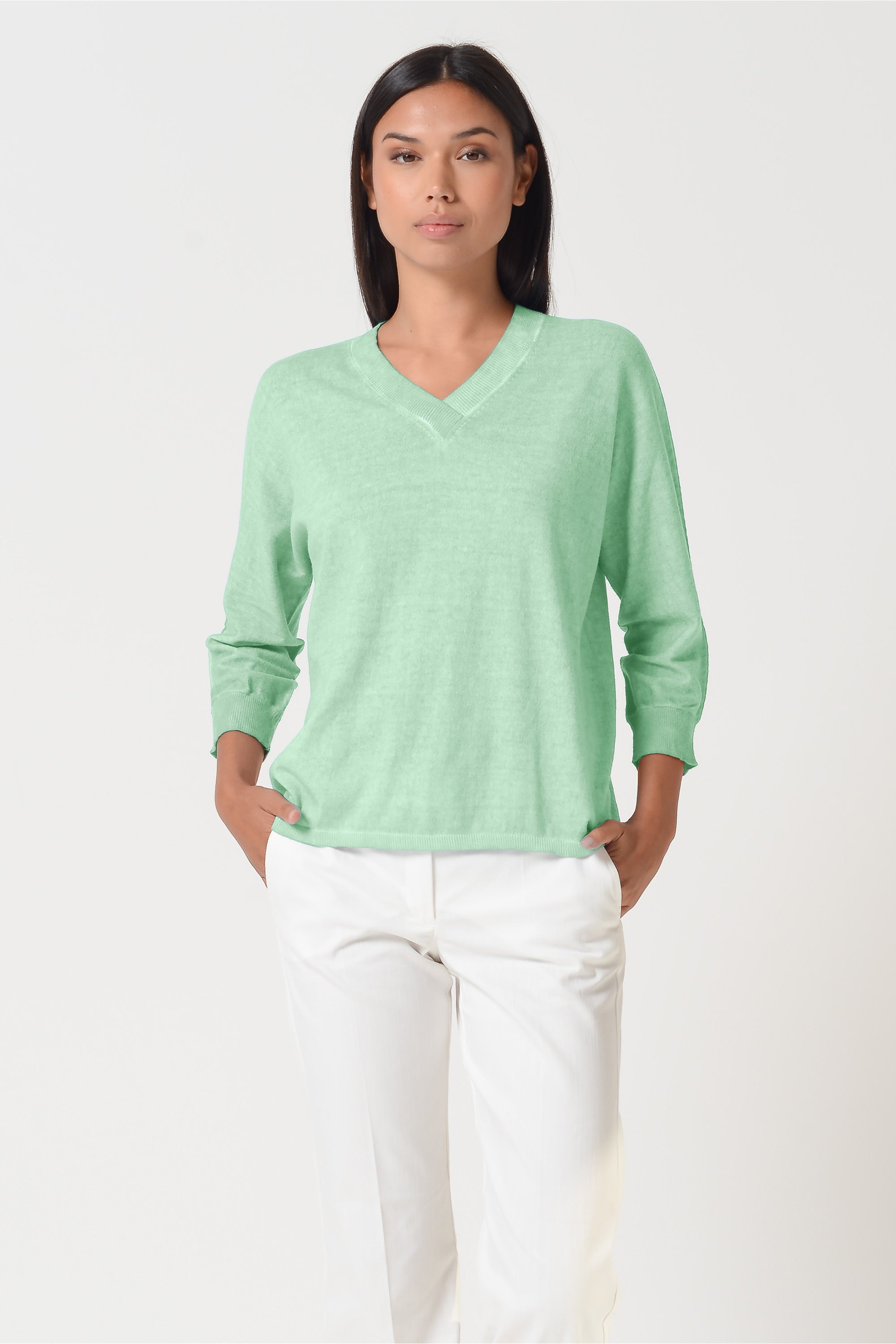 Anna V-Neck - Women's Short Sleeve Knit Sweater - Mint