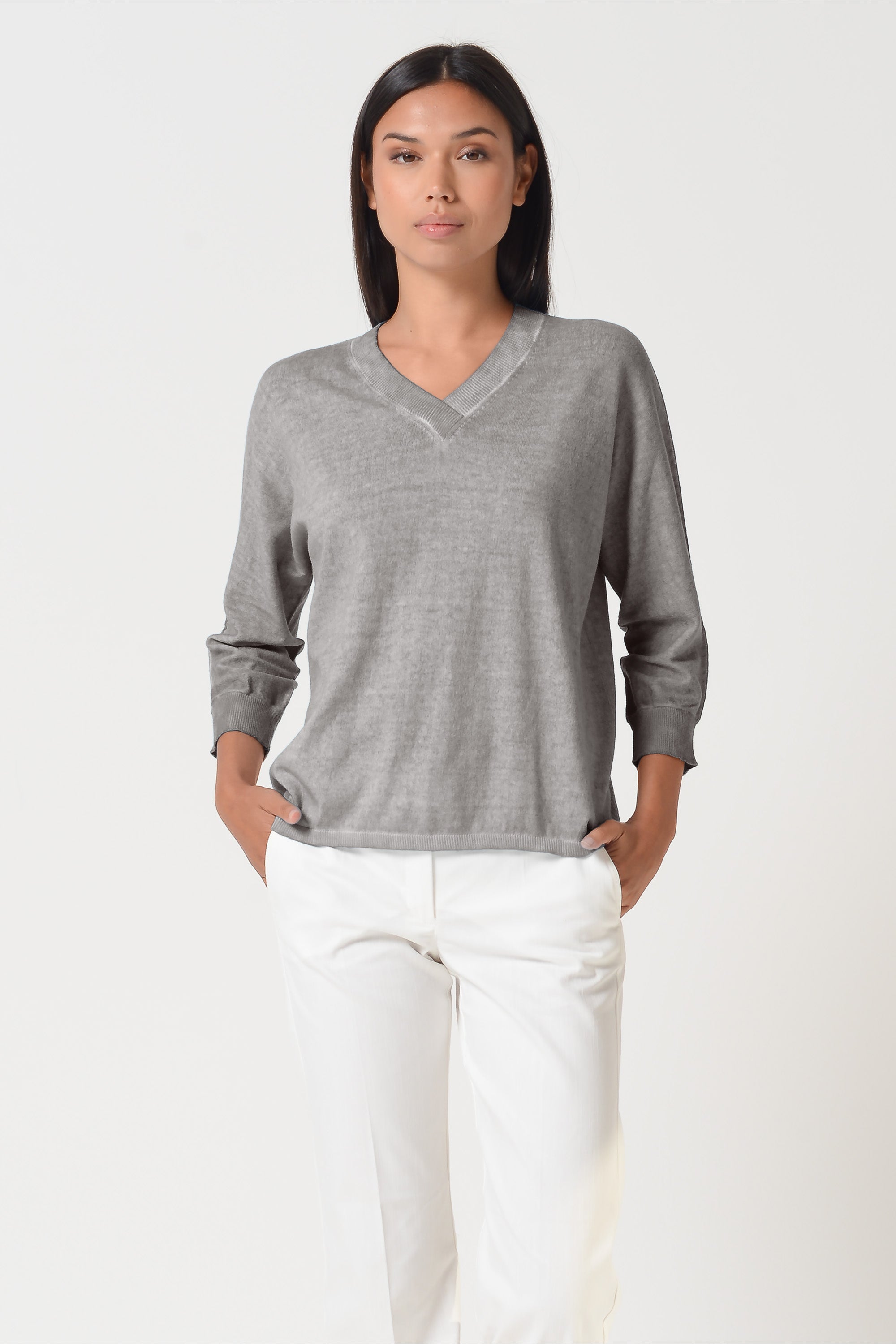 Anna V-Neck - Women's Short Sleeve Knit Sweater - Steel