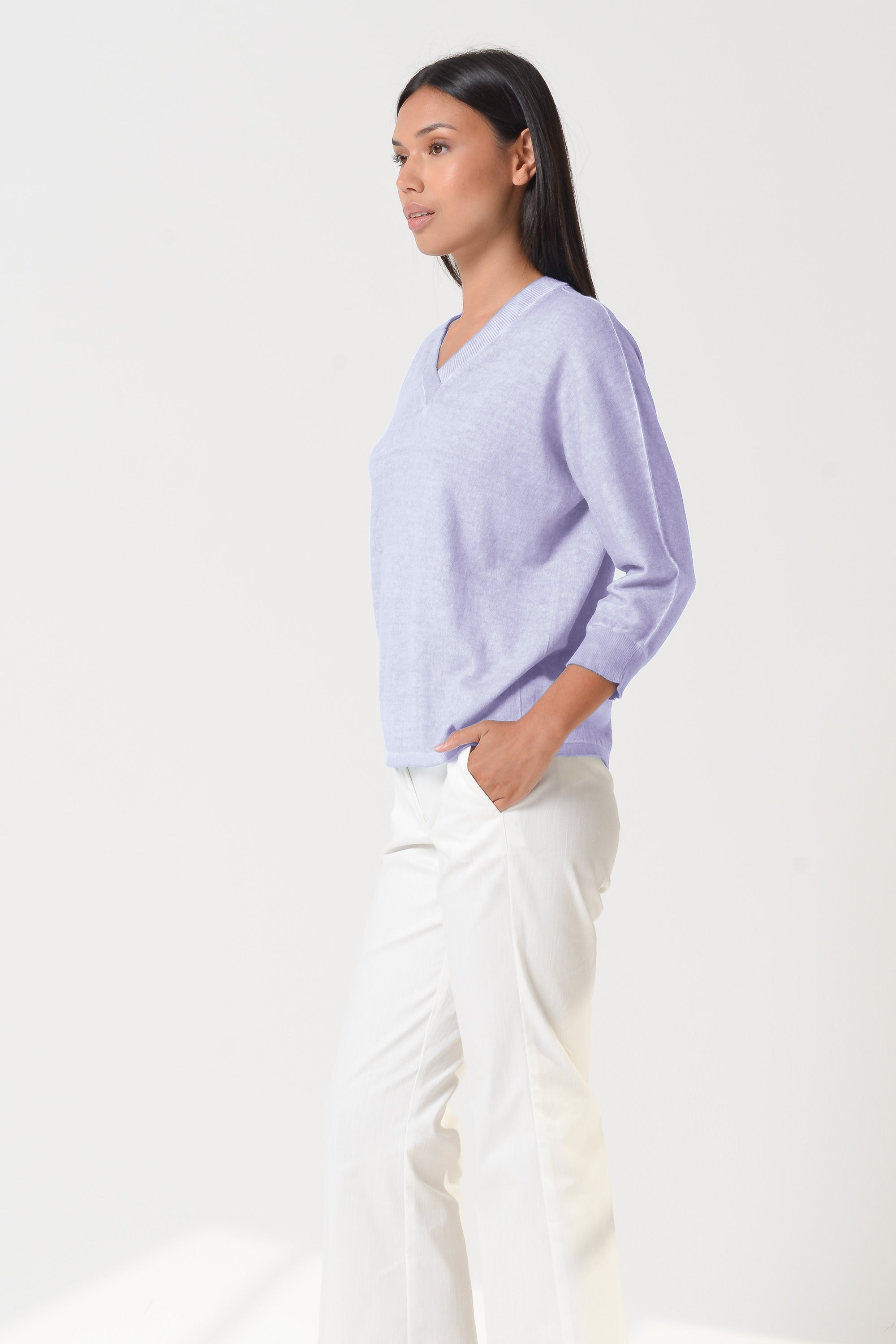 Anna V-Neck - Women's Short Sleeve Knit Sweater - Lilac