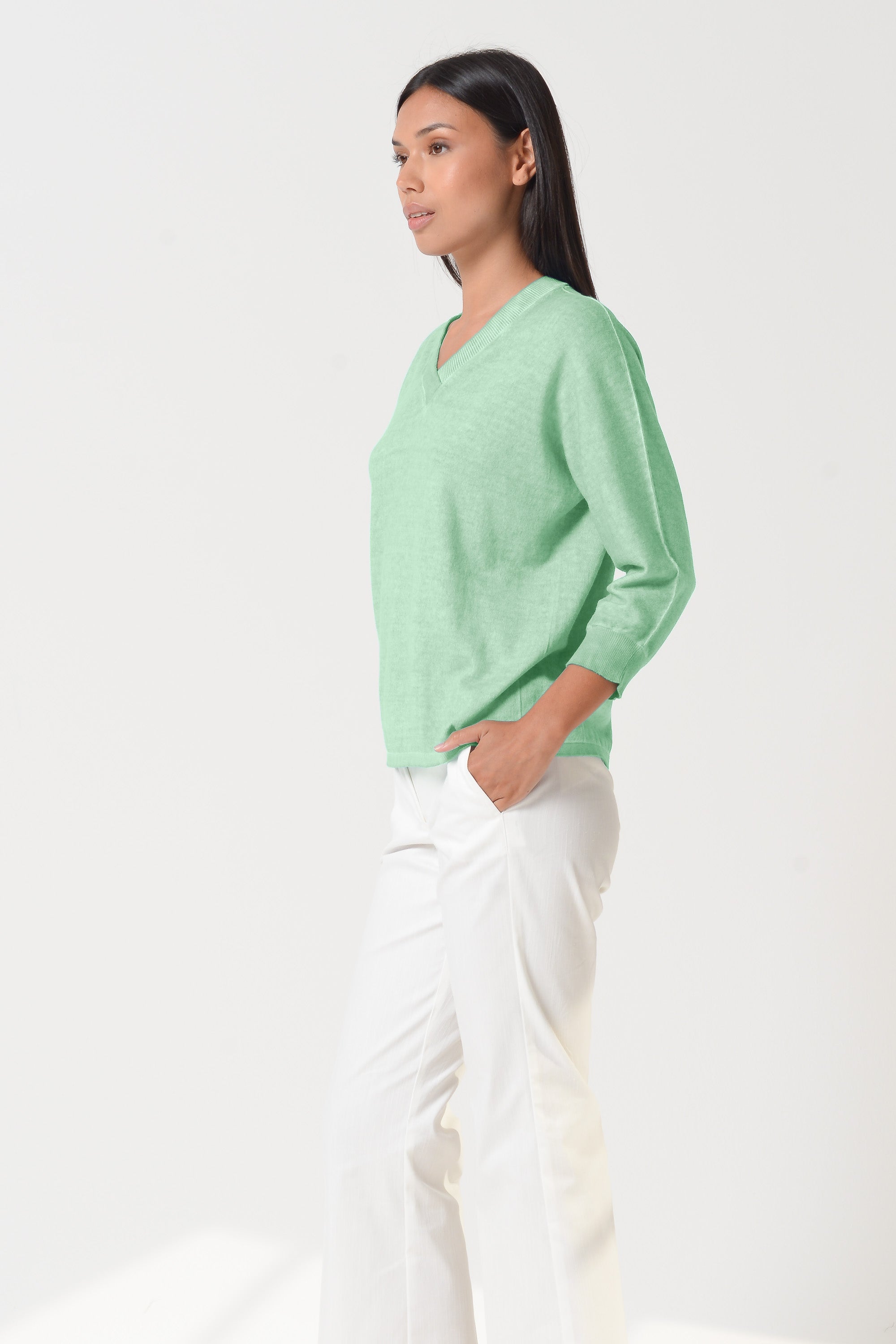Anna V-Neck - Women's Short Sleeve Knit Sweater - Mint