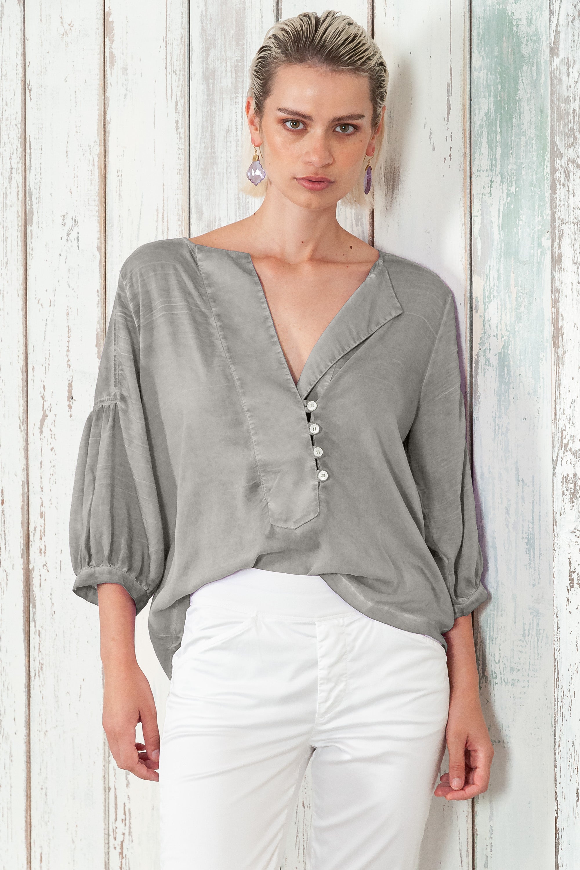 Savina Blouse - Women's Short Sleeve Blouse - Dolphin