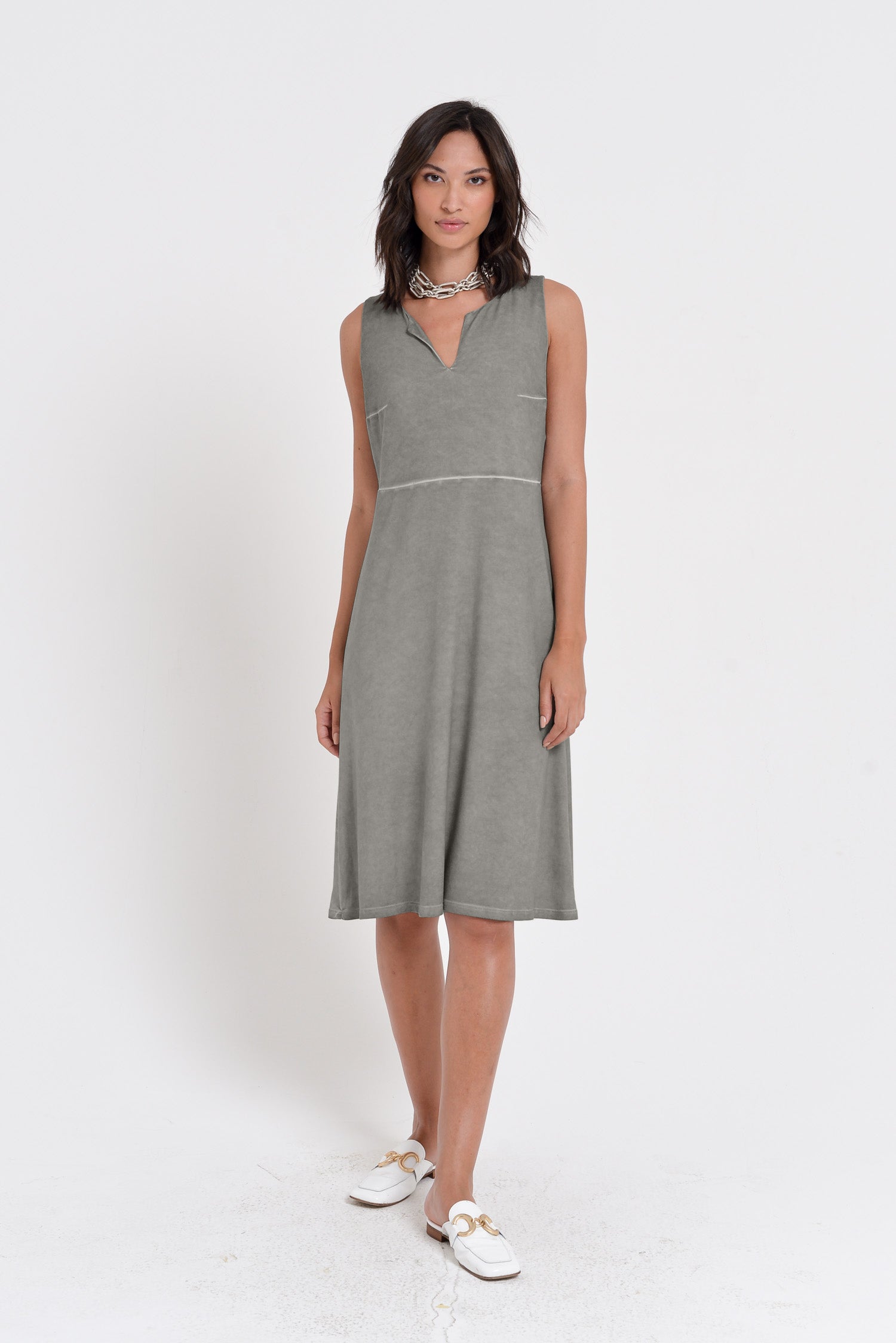 Lucy Dress - Women's Below The Knee Sleeveless Jersey Dress - Dolphin