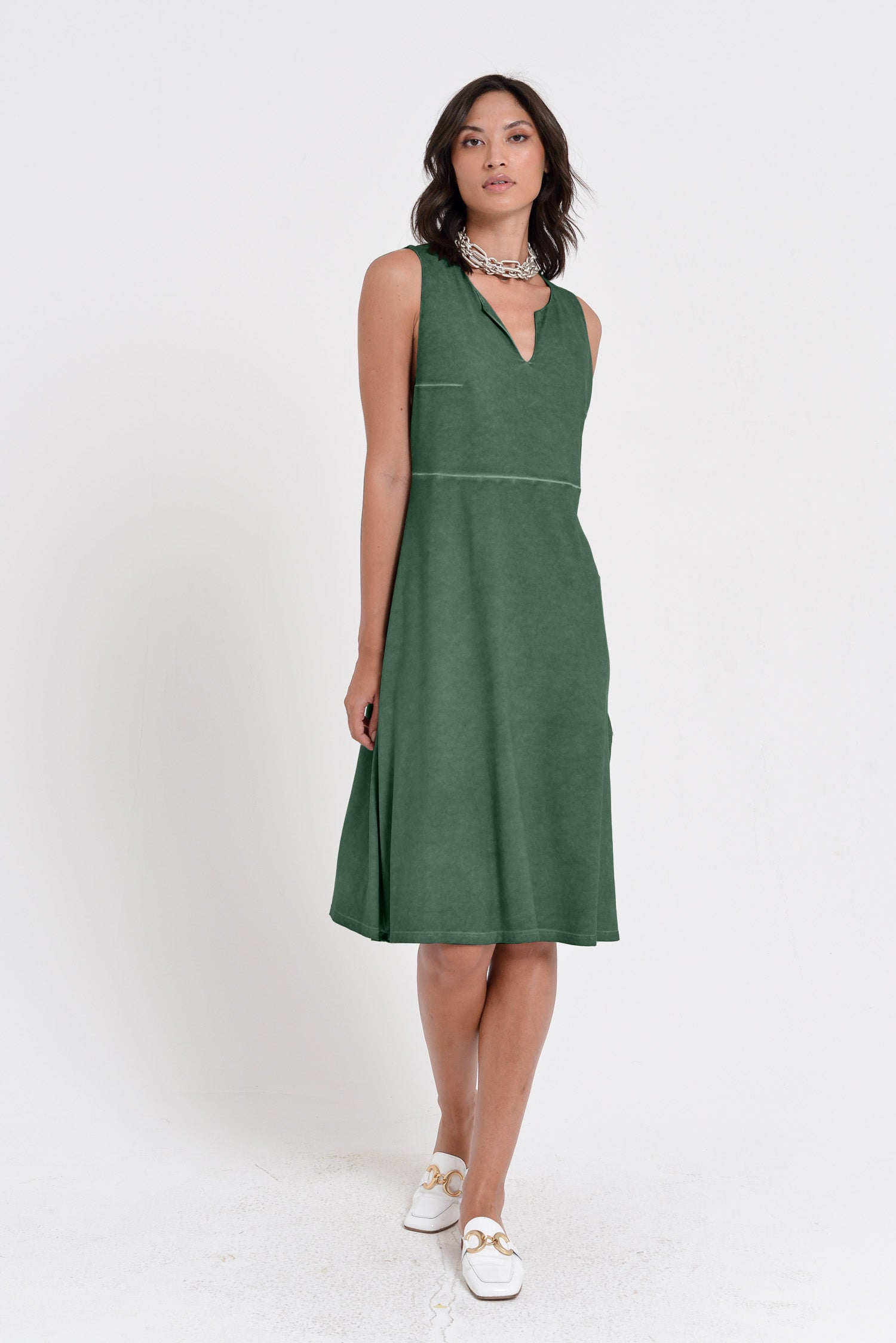 Lucy Dress - Women's Below The Knee Sleeveless Jersey Dress - Juniper