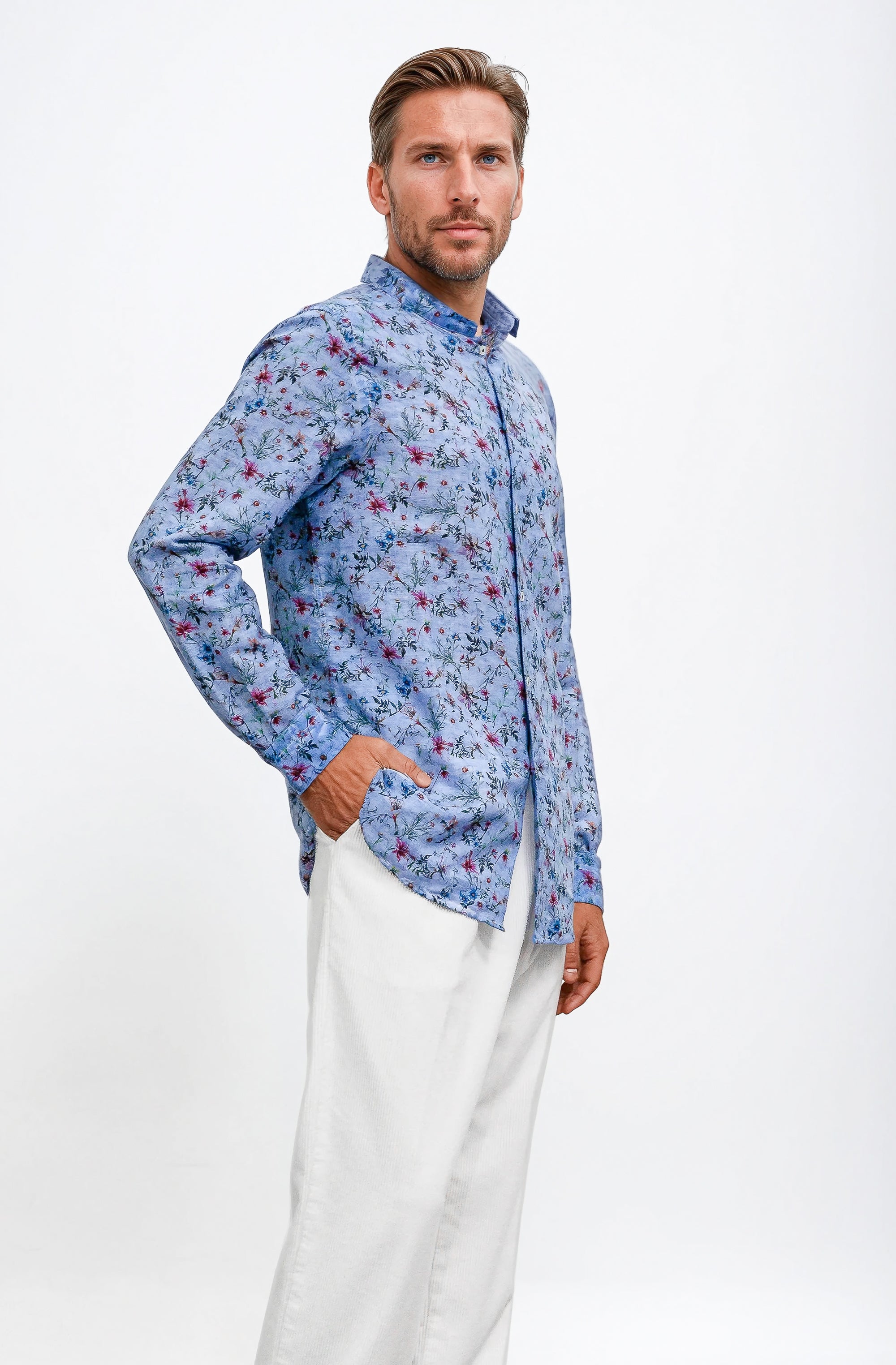 Collarless Flower Shirt - Bay