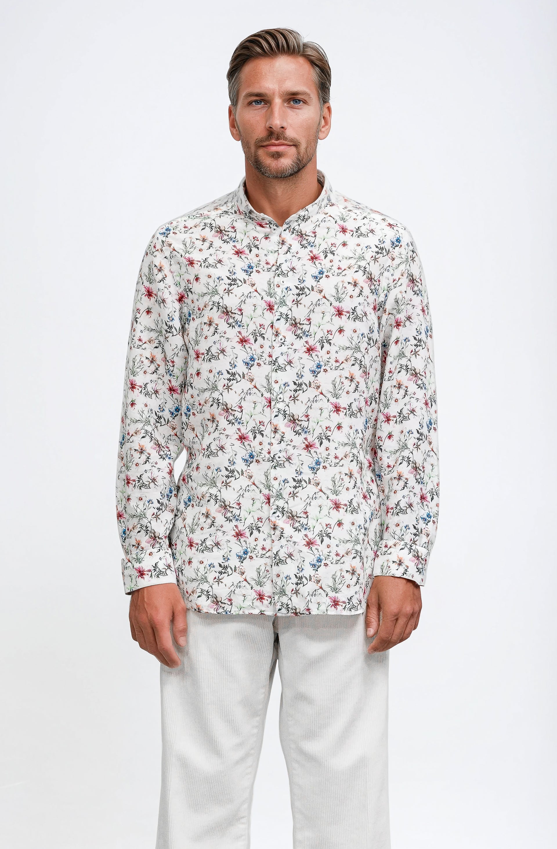 collarless dress shirt white Collarless Flower Shirt White