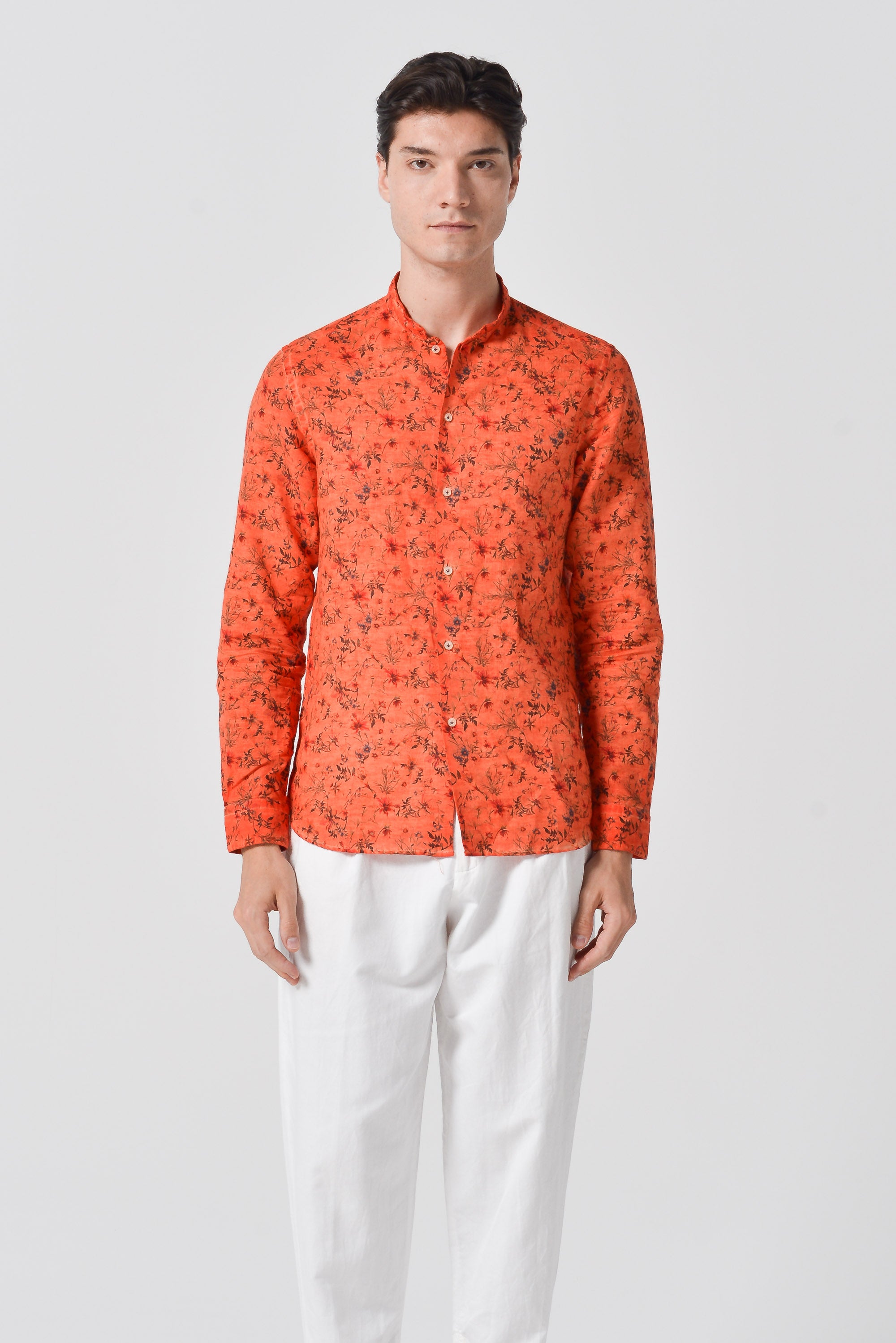 Collarless Flower Shirt - Papaya