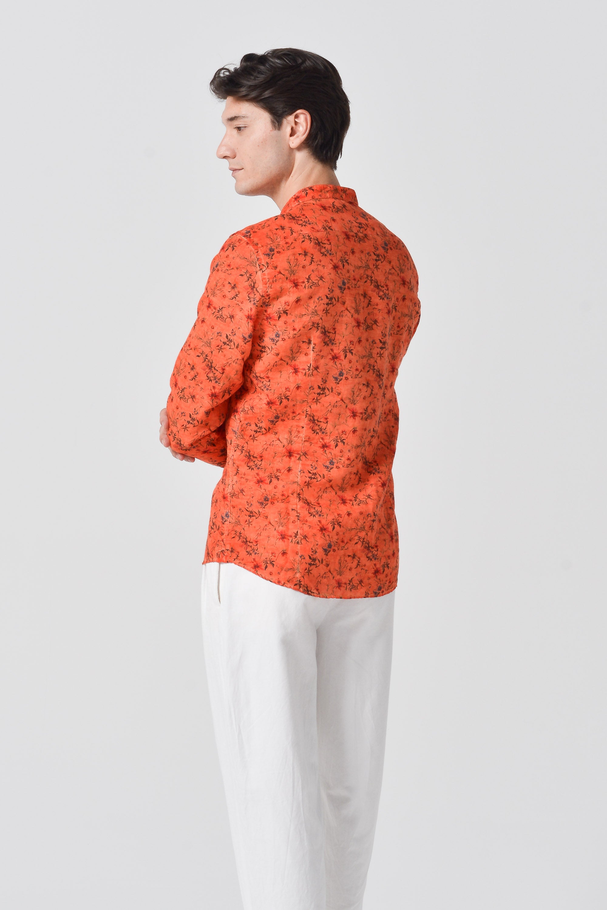 Collarless Flower Shirt - Papaya
