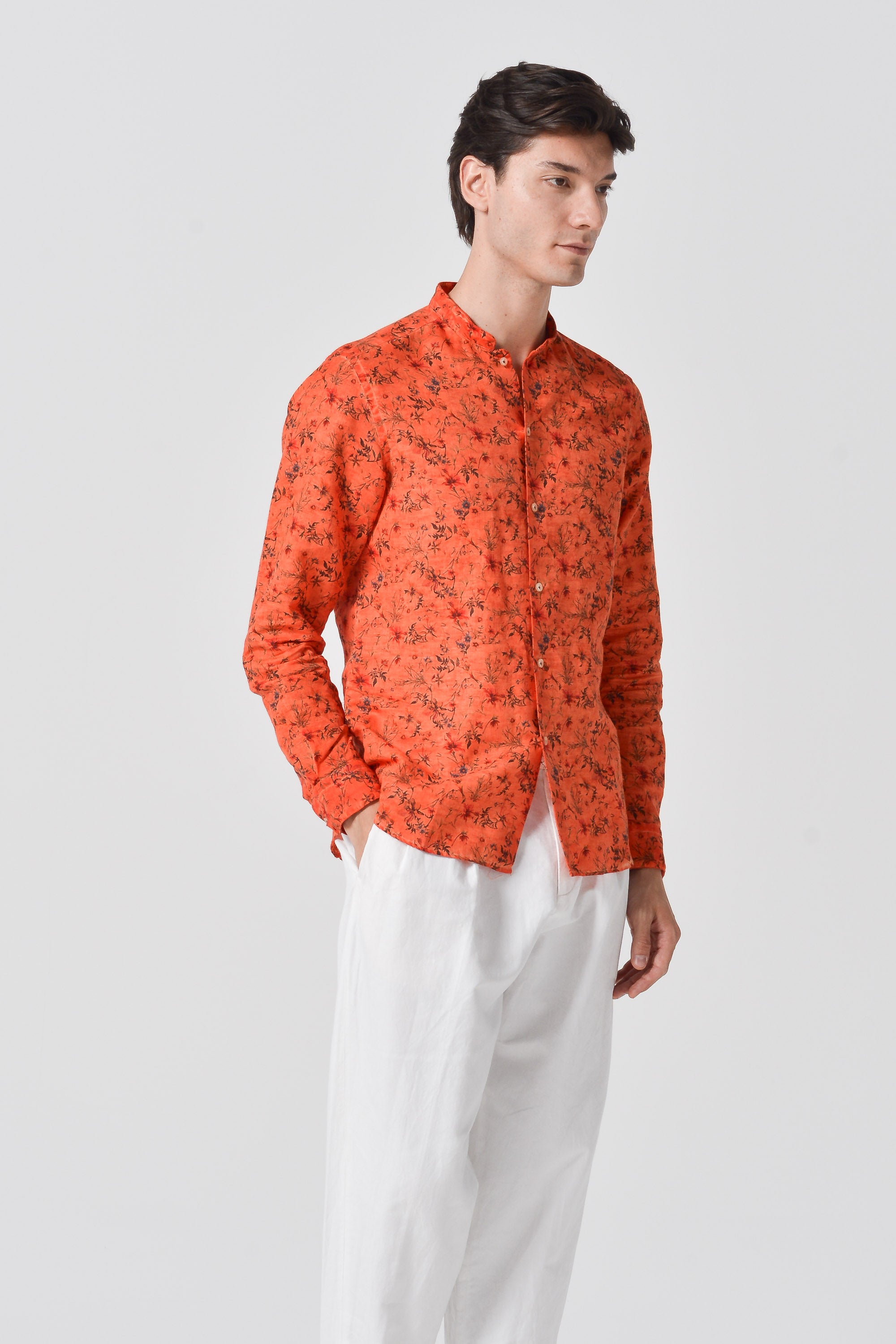 Collarless Flower Shirt - Papaya