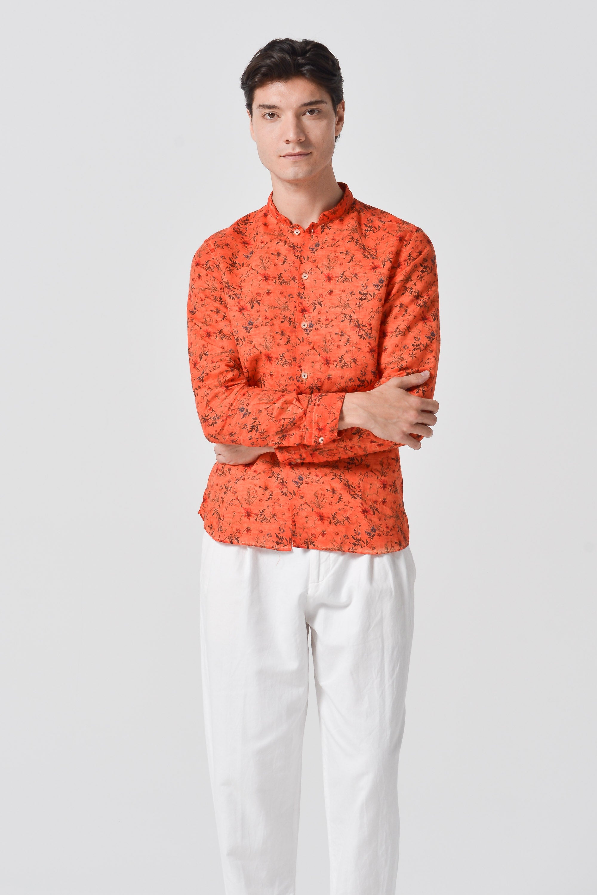 Collarless Flower Shirt - Papaya