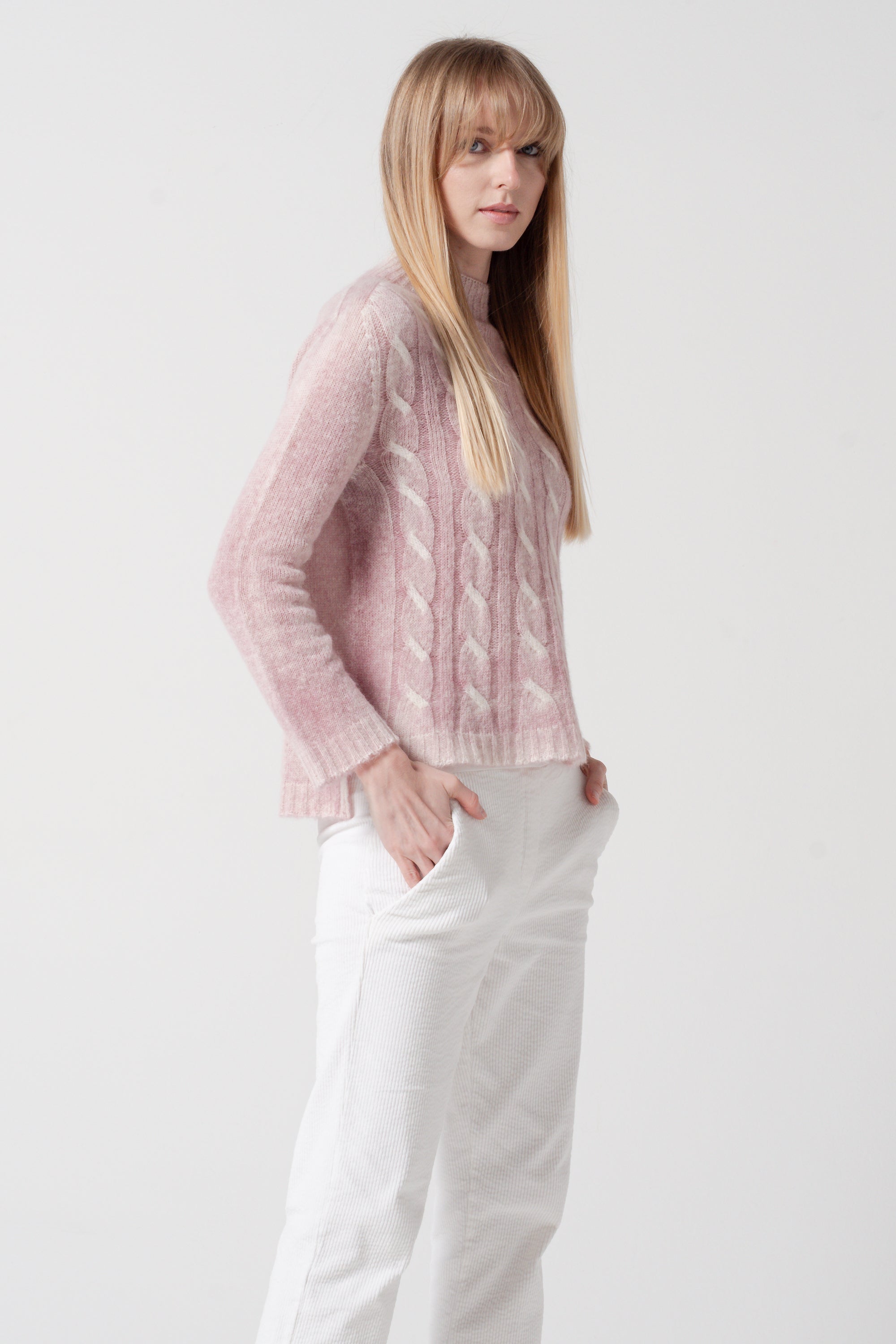 Wem Frost Art - Alpaca Long Sleeve Cable Crewneck - Peony
