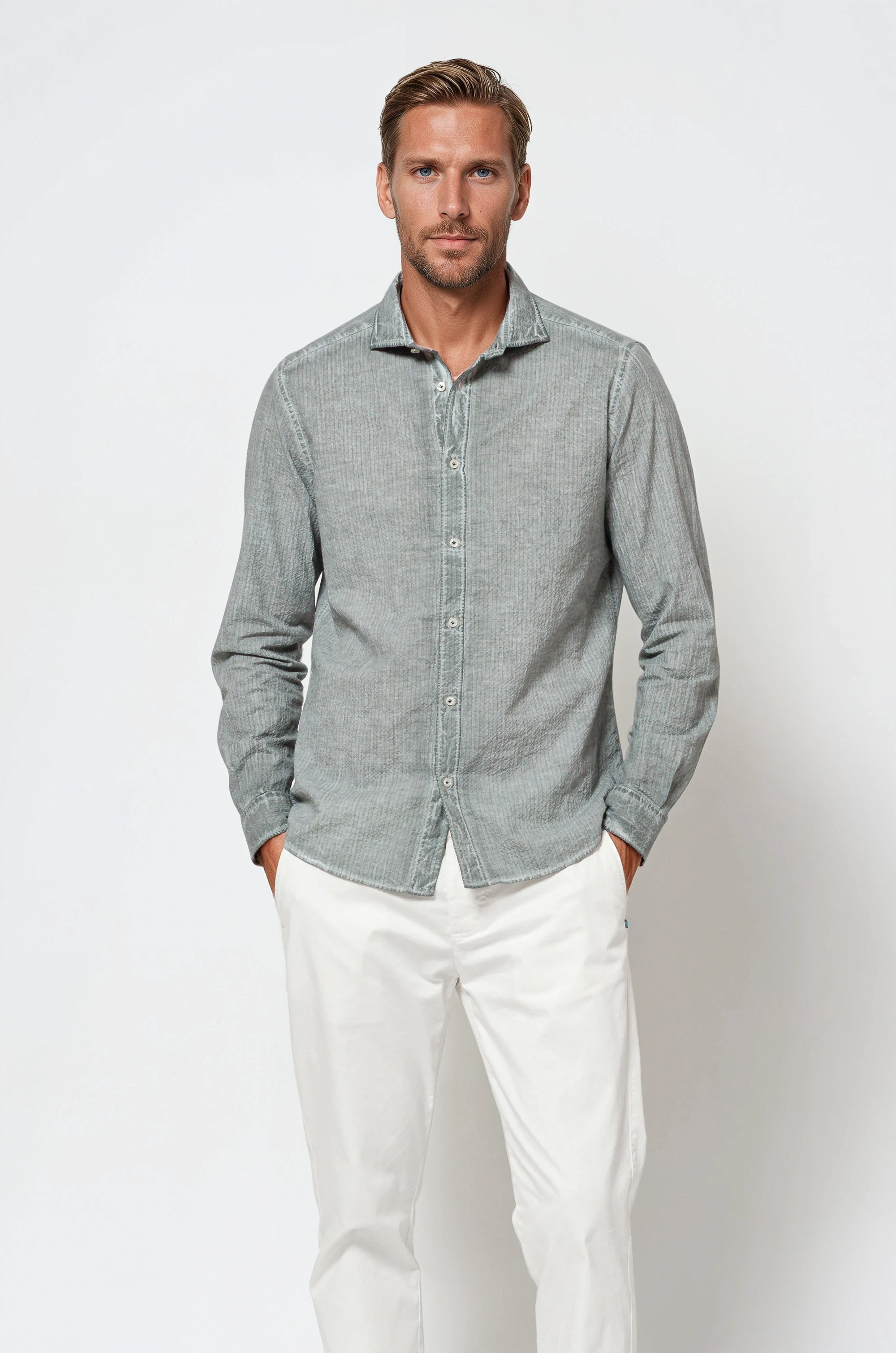 Harrison Cloque Shirt - Salvia (Blue Stripes)