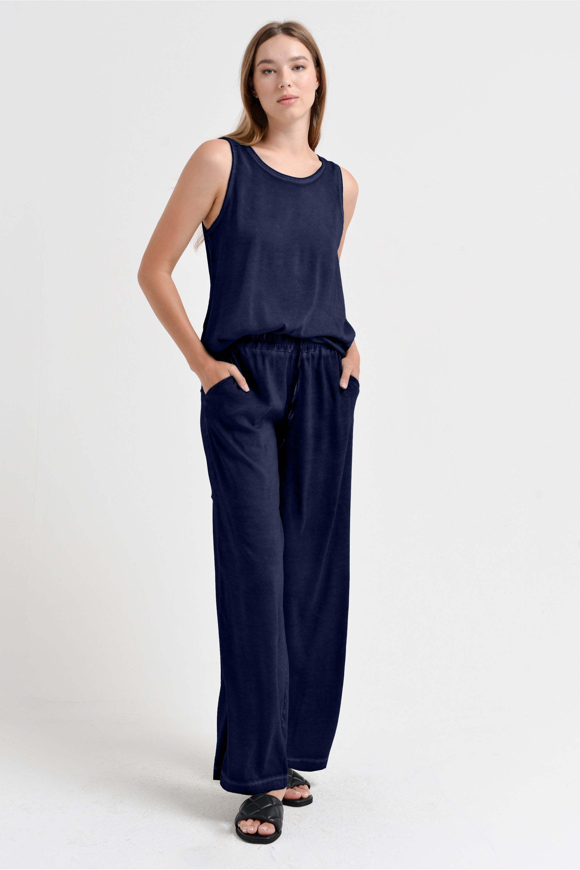 Pantalone Largo Viscosa - Navy