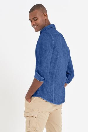 Slim Fit Spread Collar Linen Shirt - Pacific