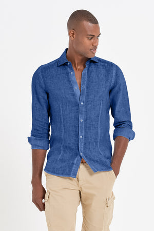 Slim Fit Spread Collar Linen Shirt - Pacific