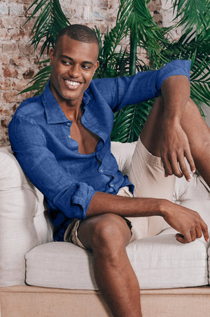 Slim Fit Spread Collar Linen Shirt - Pacific