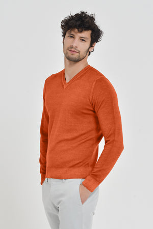 Wick - Extrafine Merino Wool V-Neck Sweater - Persimmon