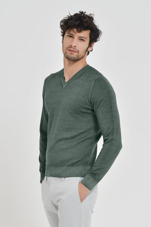Wick - Extrafine Merino Wool V-Neck Sweater - Sage