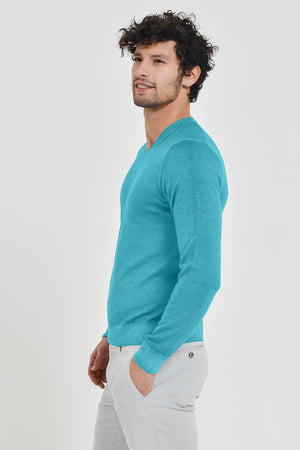 Wick - Extrafine Merino Wool V-Neck Sweater - Aqua