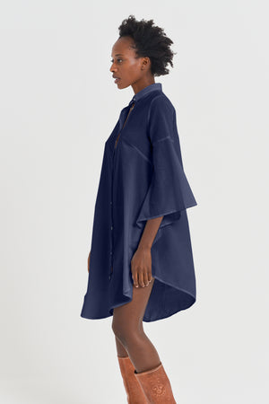 Offset Cotton Shirt Dress - Navy