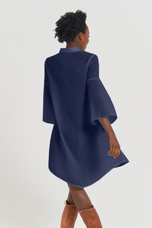 Offset Cotton Shirt Dress - Navy