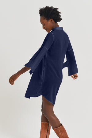 Offset Cotton Shirt Dress - Navy