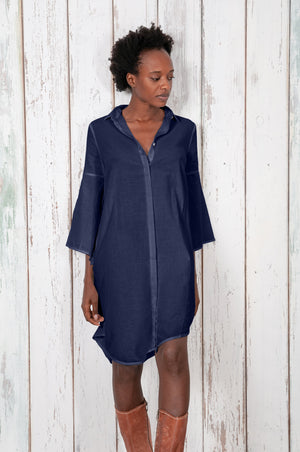 Offset Cotton Shirt Dress - Navy