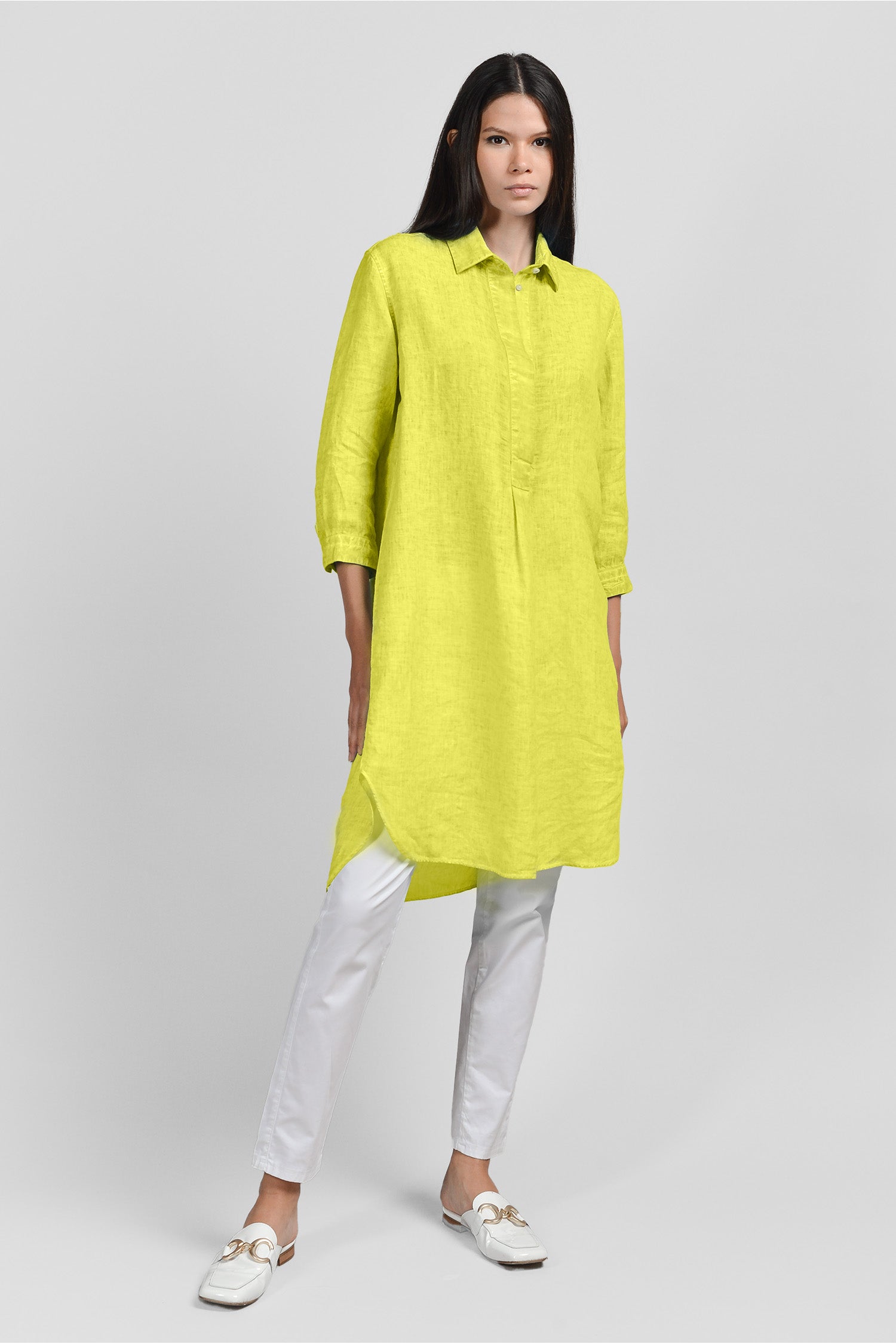 Midi Length Linen Shirtdress - Lime