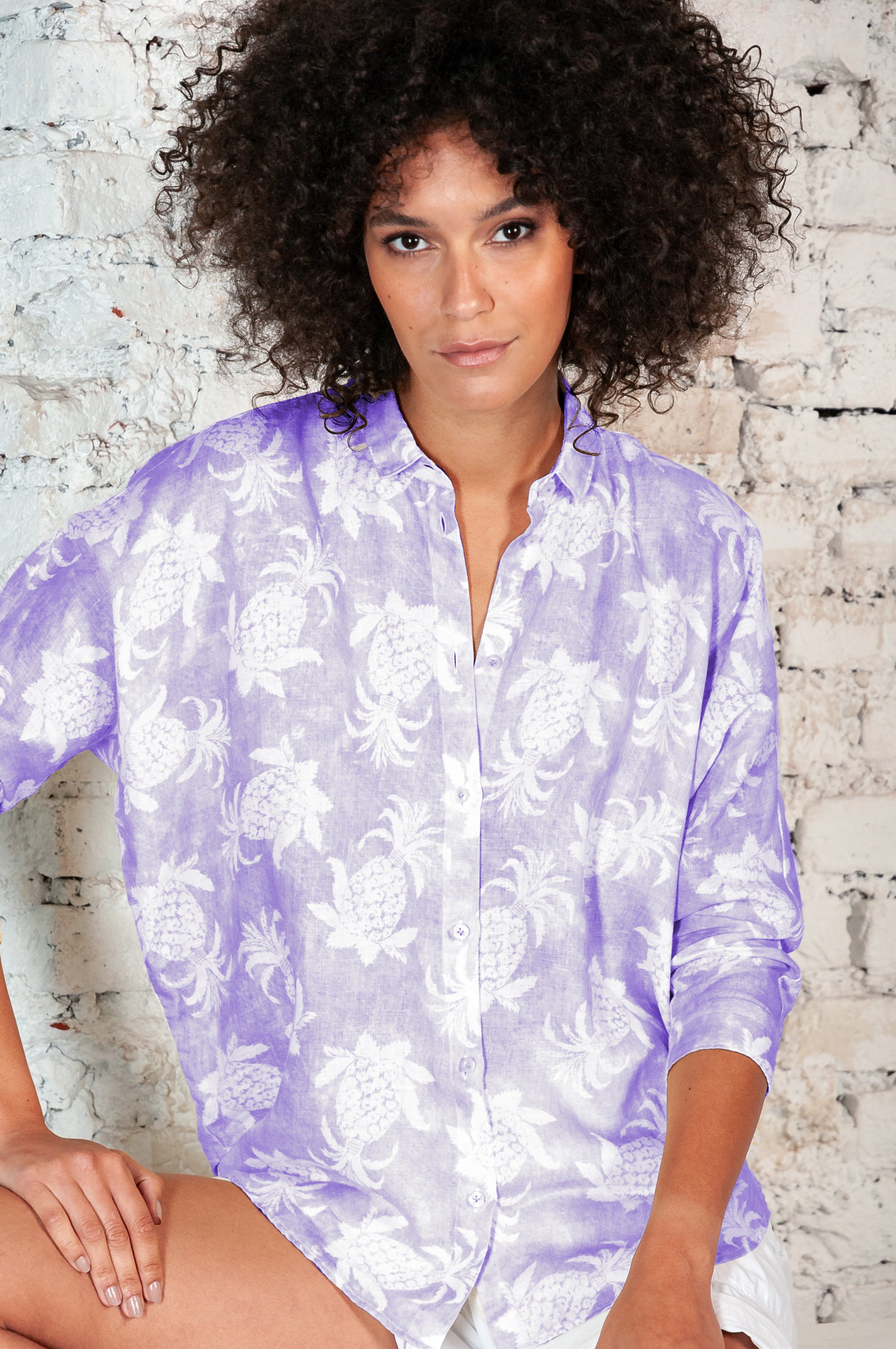 Ollie Blouse in Pineapple Print Linen - Mauve