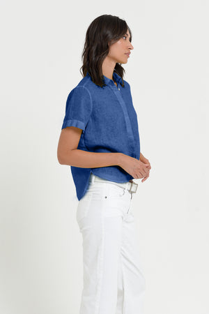 Sunray - Women's Cropped Shirt in Linen - Pacific