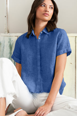 Sunray - Women's Cropped Shirt in Linen - Pacific