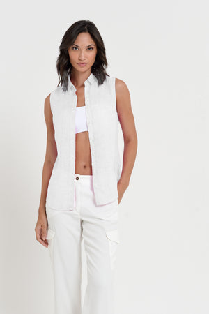 Camy - Women's Sleeveless Blouse in Linen  - White