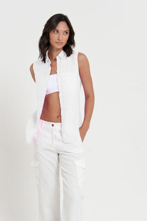 Camy - Women's Sleeveless Blouse in Linen  - White