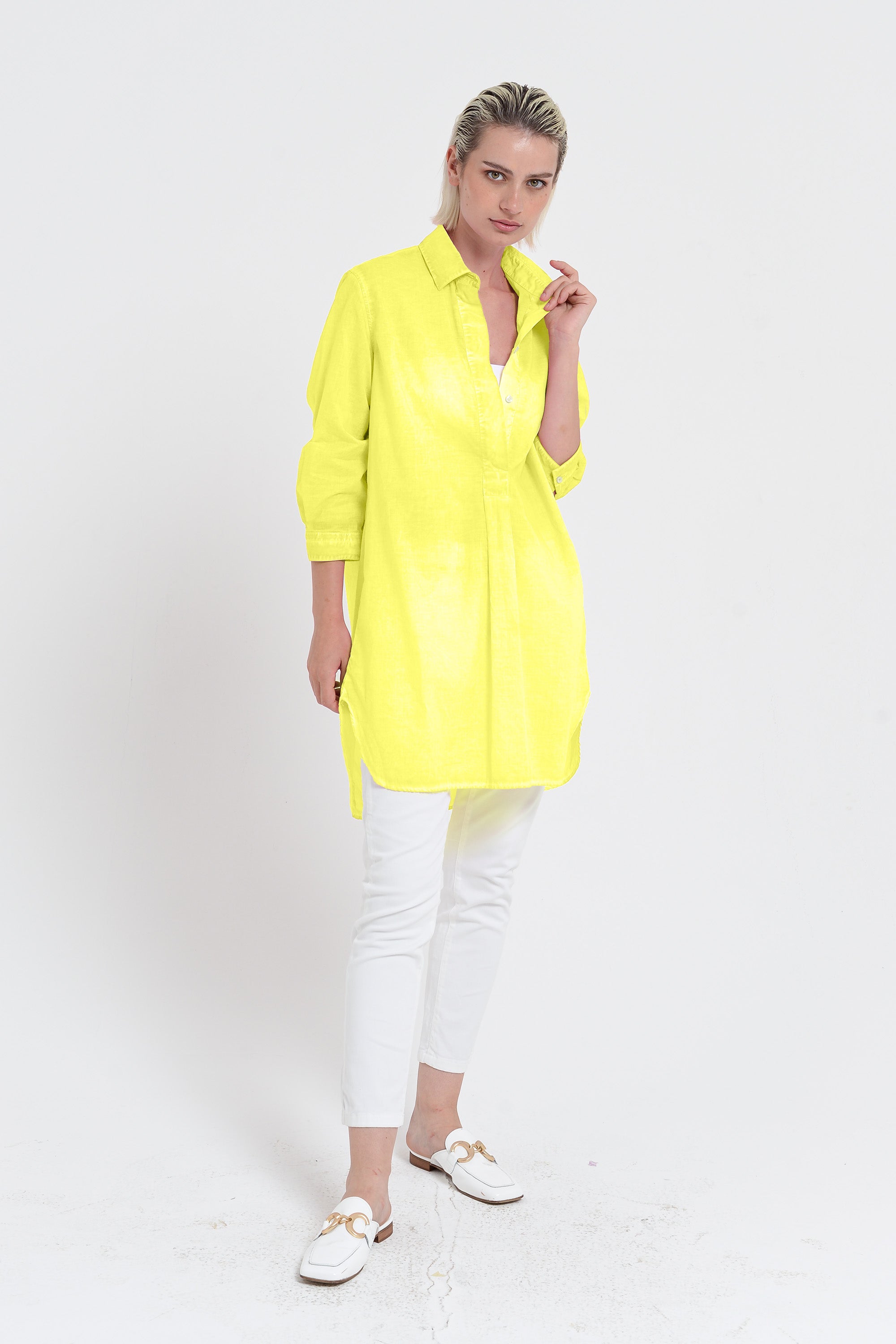 Women's Mini Shirtdress in Cotton Voile - Lime