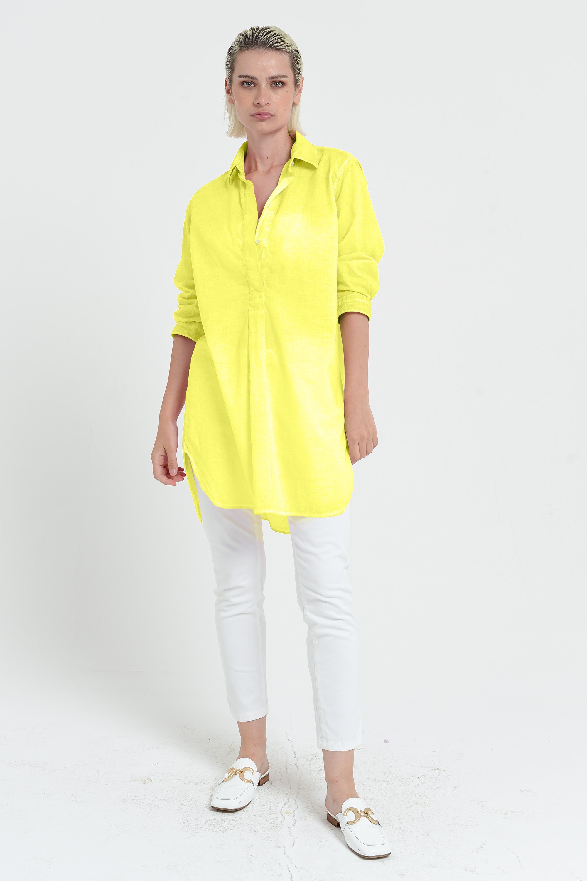 Women's Mini Shirtdress in Cotton Voile - Lime