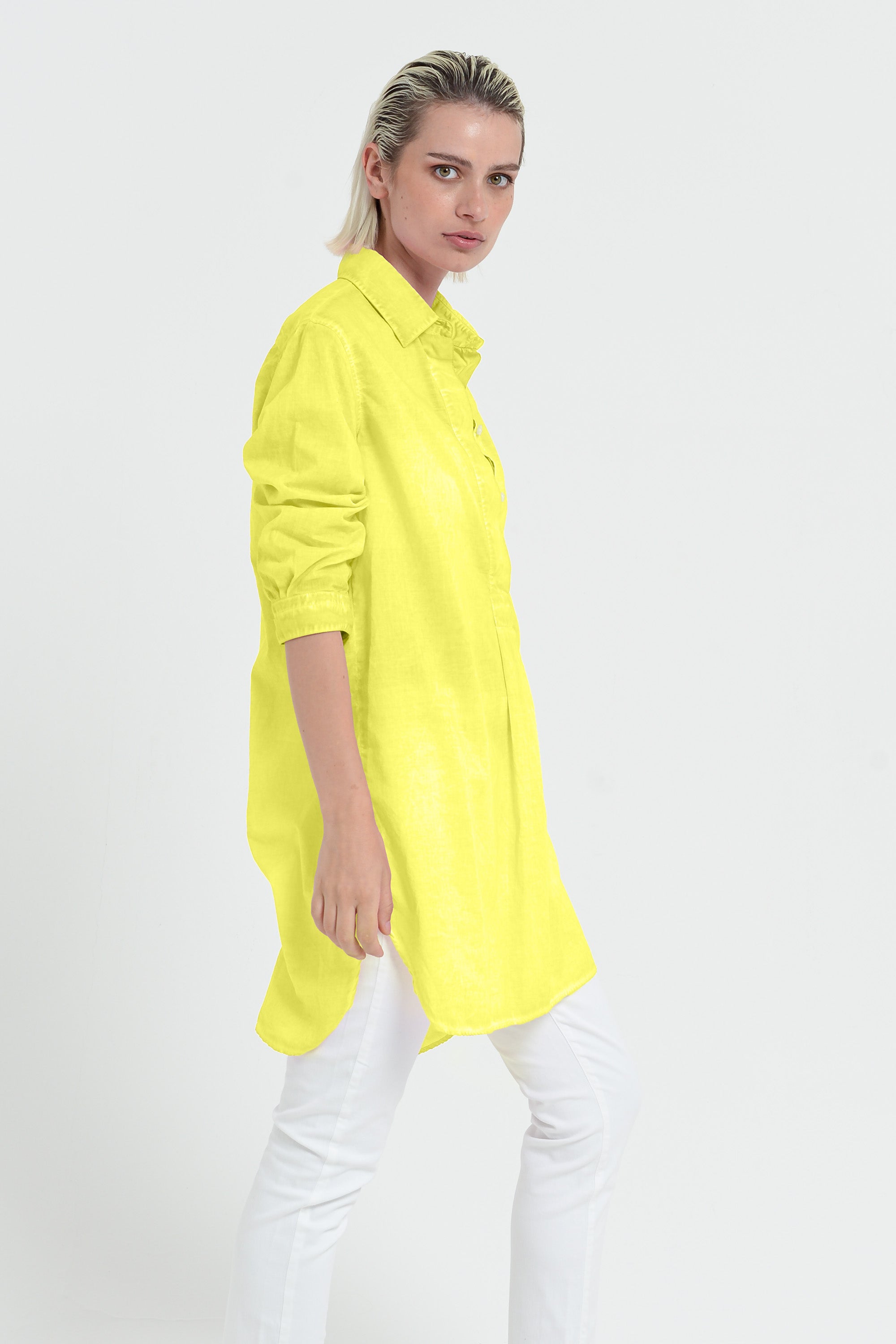 Women's Mini Shirtdress in Cotton Voile - Lime