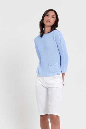 Sofia Knit - Short Sleeve Cotton Sweater - Cielo