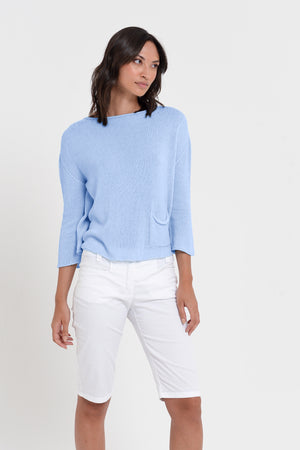 Sofia Knit - Short Sleeve Cotton Sweater - Cielo